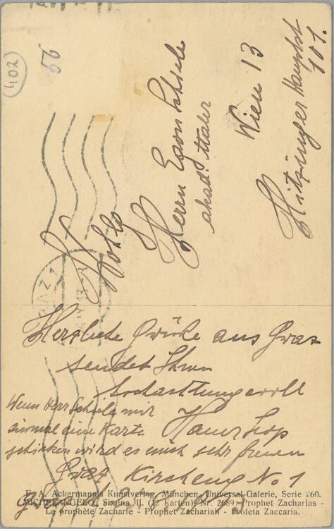 Postkarte (mit einem Foto des Propheten Zacharias von Michelangelo) von Leopold Hauer an Egon S…