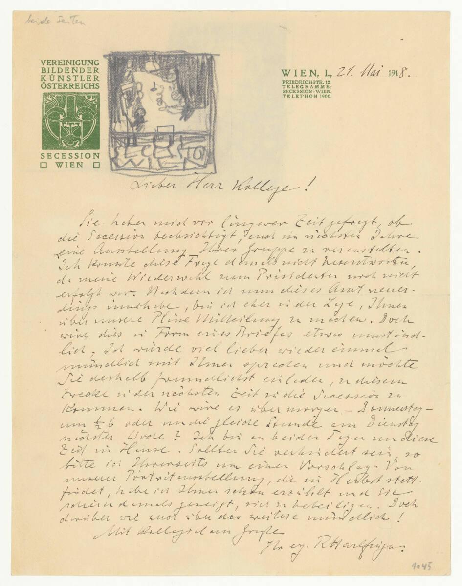 Egon Schiele, Brief von Richard Harlfinger an Egon Schiele vom 21. Mai 1918 mit Skizze von Egon…