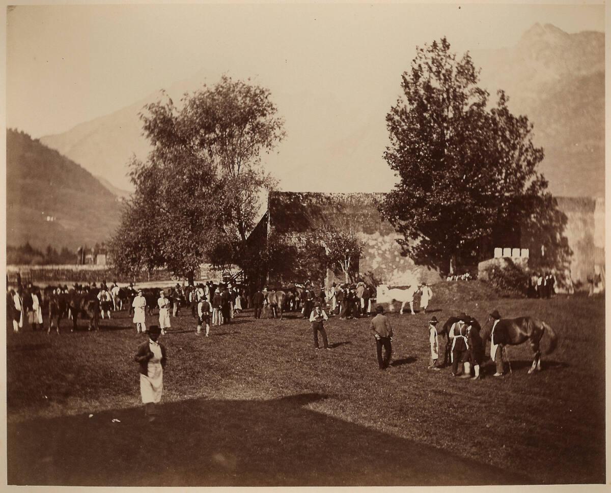 Jakob August Lorent, Meran, Bauern mit Pferden auf einer Wiese am Ortsrand, Inv. Nr.: FotoGLV20…