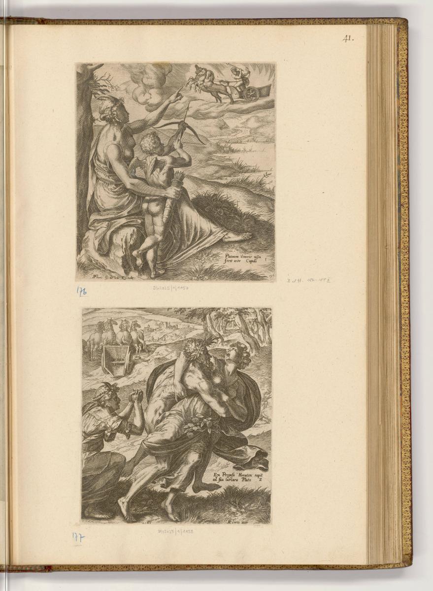 Kupferstiche von Cornelis Cort, Band II., Amor zielt mit einem Pfeil auf Pluto; Raub der Proser…