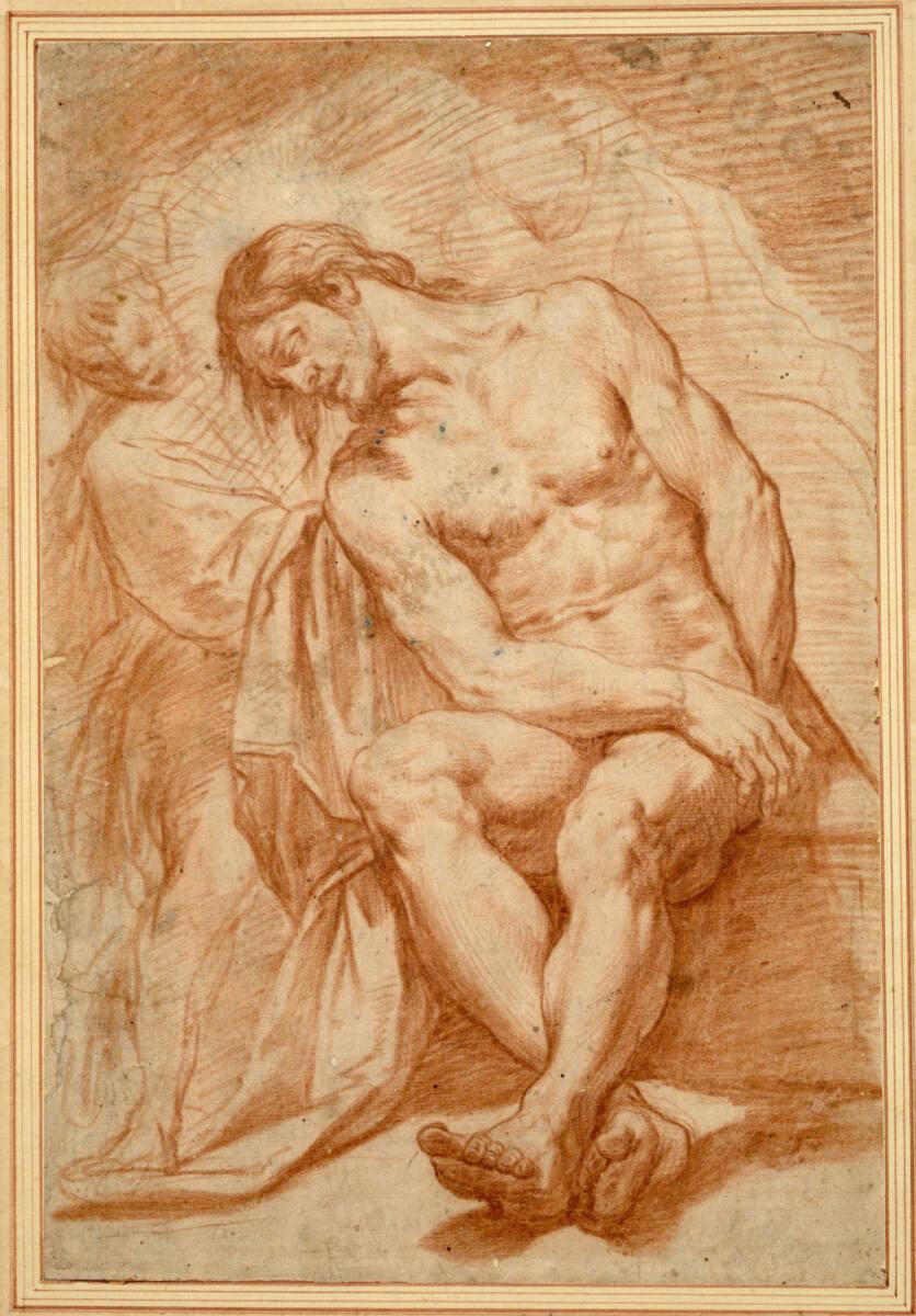 Annibale Carracci, Der Schmerzensmann, in Vorderansicht nach links geneigt sitzend, mit zwei En…