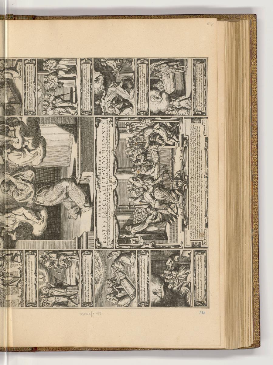 Kupferstiche von Francesco Villamena, Band I., Betender Paschalis Baylon mit Szenen aus seinem …