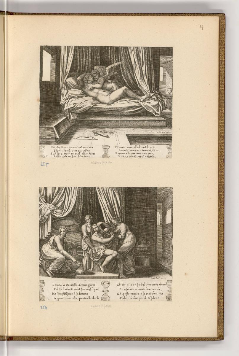 Druckgrafiken nach Francesco Villamena, Band II., Amor und Psyche im Bett; Psyche mit Nymphen b…