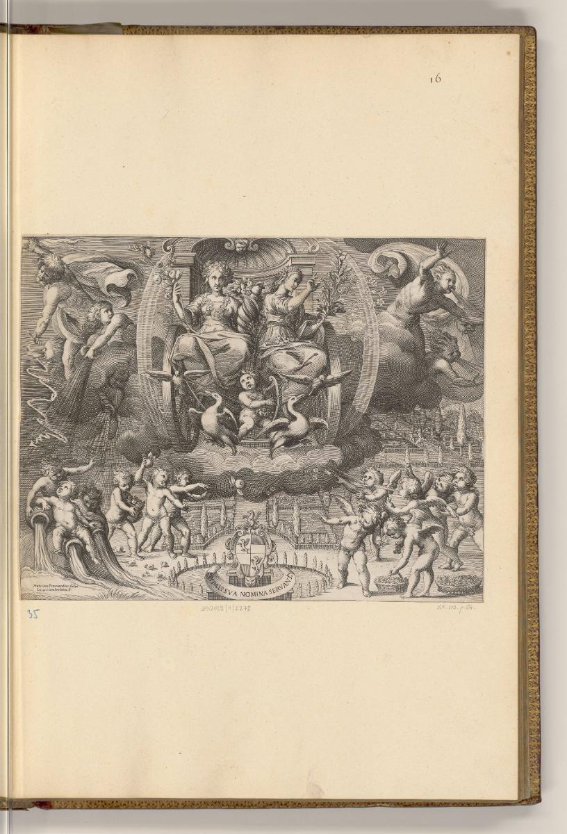Druckgrafiken von Luca Ciamberlano, Camillo Cungi und Pietro Santo Bartoli, Allegorie der Accad…