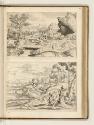 Druckgrafiken nach Tizian und Domenico Campagagnola, Flusslandschaft mit Stein und Holzbrücke; …