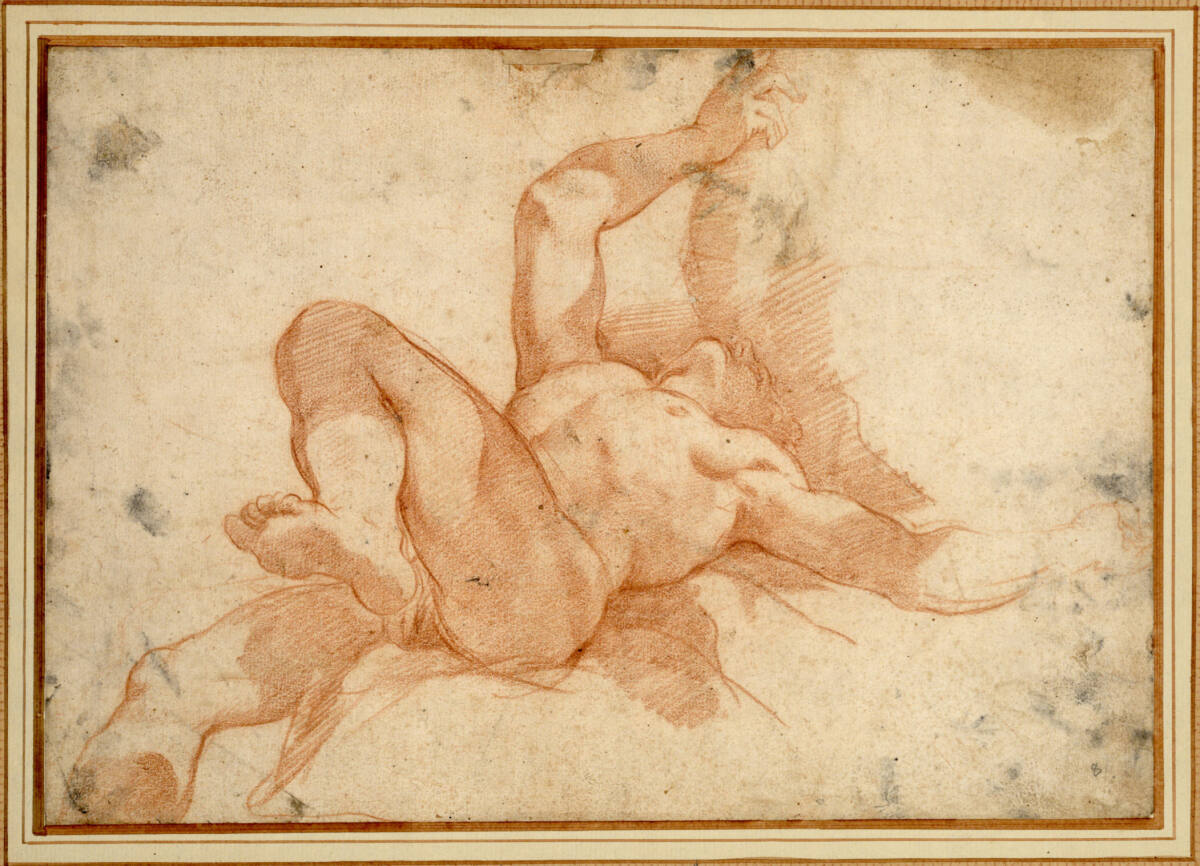Auf dem Rücken liegender männlicher Akt in Untersicht, der einen Felsbrocken über seinem Kopf wegzuschieben scheint, Pietro da Cortona
