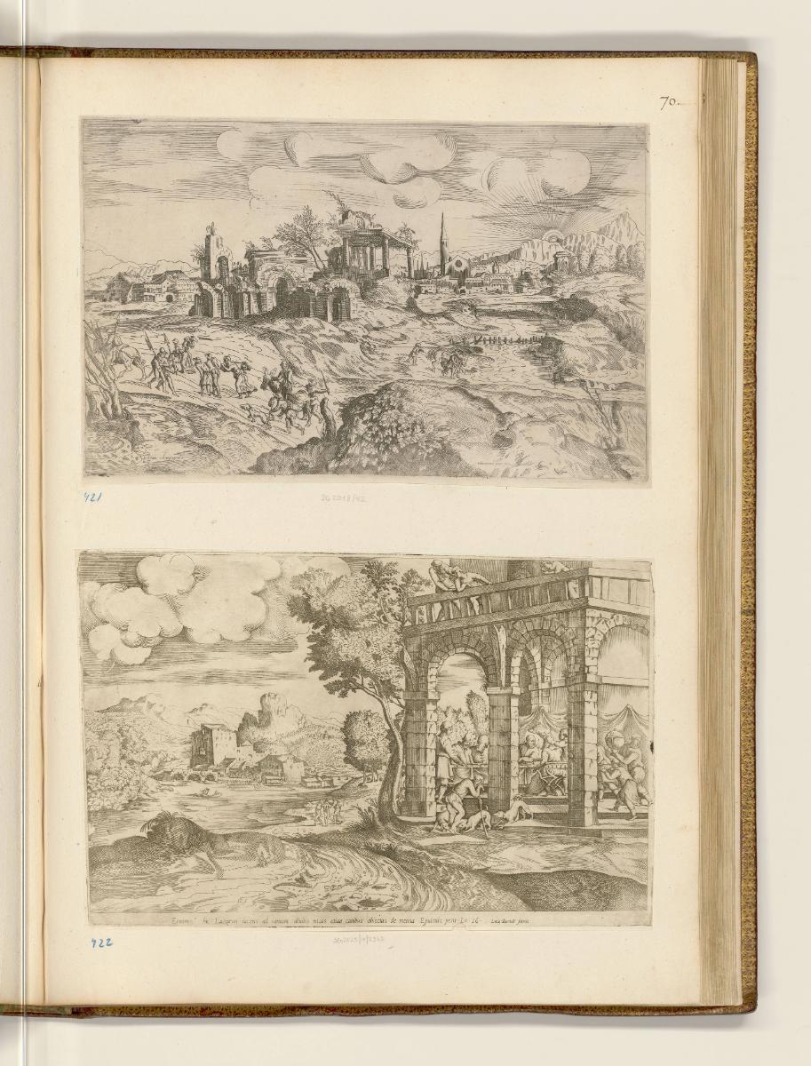 Druckgrafiken nach Tizian und Domenico Campagagnola, Flusslandschaft mit Stadt und Ruinen; Land…