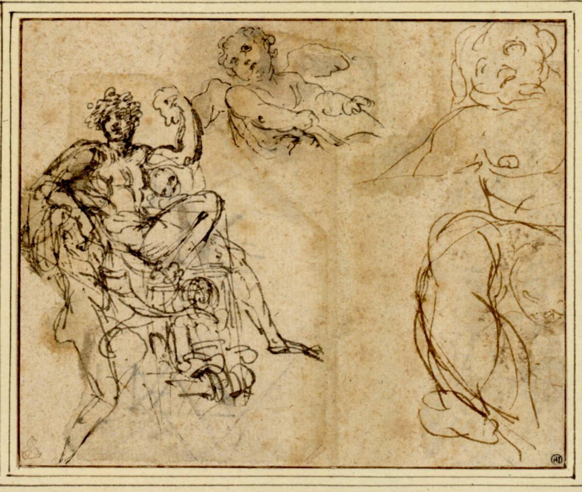 Annibale Carracci, Studienblatt. Bacchus auf seinem Wagen und Engelstudien, Inv. Nr.: 2148