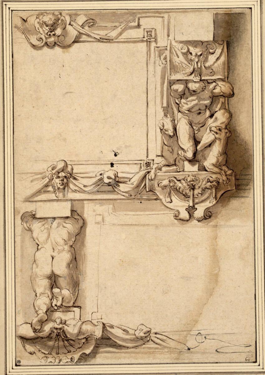Annibale Carracci, Rahmenwerk mit Maskarons und knienden Figuren als Gesimsträger, Inv. Nr.: 21…