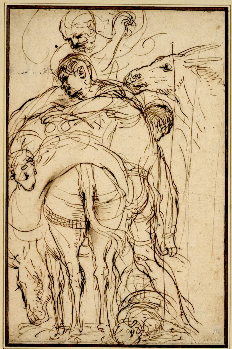 Zwei Männer entladen Schafe von einem Packesel. (Im Hintergrund ein Dritter mit einer Last auf den Schultern; rechts der Kopf eines zweiten Esels.), Guercino