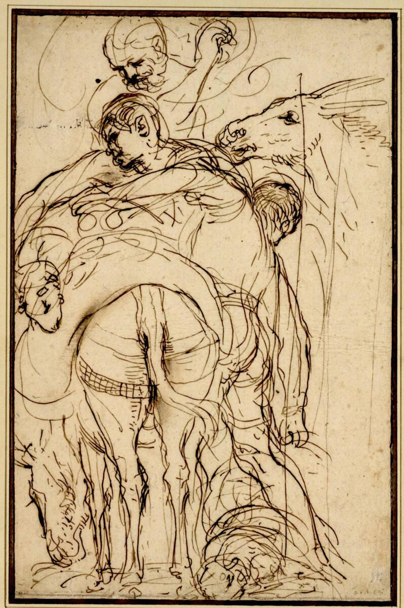 Giovanni Francesco Barbieri gen. il Guercino, Zwei Männer entladen Schafe von einem Packesel. (…