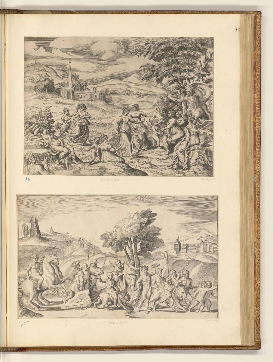 Druckgrafiken von Giulio Bonasone, Merkur mit der Erzählung von Pan und Syrinx; Bacchanal, Inv.…