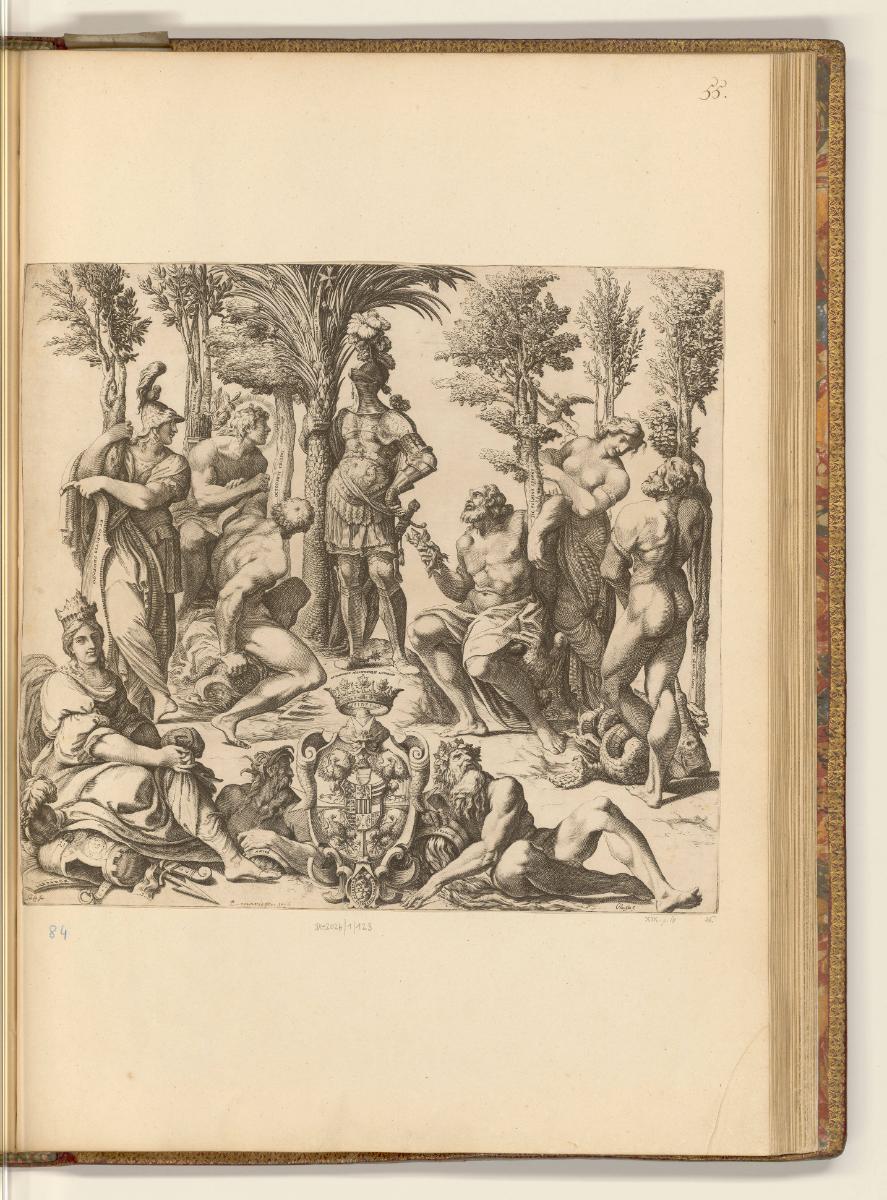 Druckgrafiken von und nach Ludovico und Annibale Carracci, Allegorie mit dem Wappen des Herzogs…