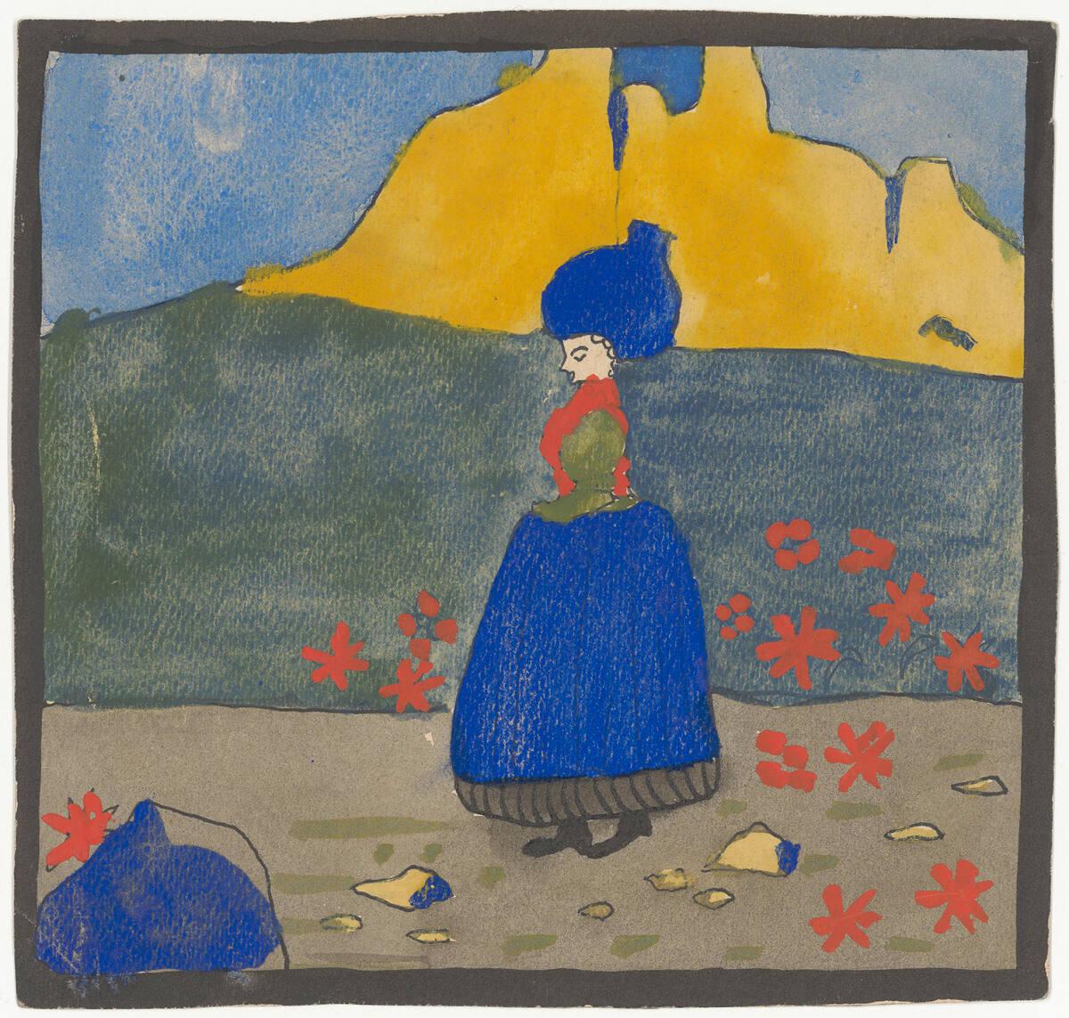 Lilith Lang, Frau mit blauer Kopfbedeckung und blauem Kleid in Landschaft mit roten Blüten, im …