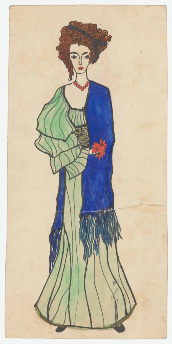 Lilith Lang, Junge Dame in grünem Kleid mit blauem Schal, Inv. Nr.: OKA8