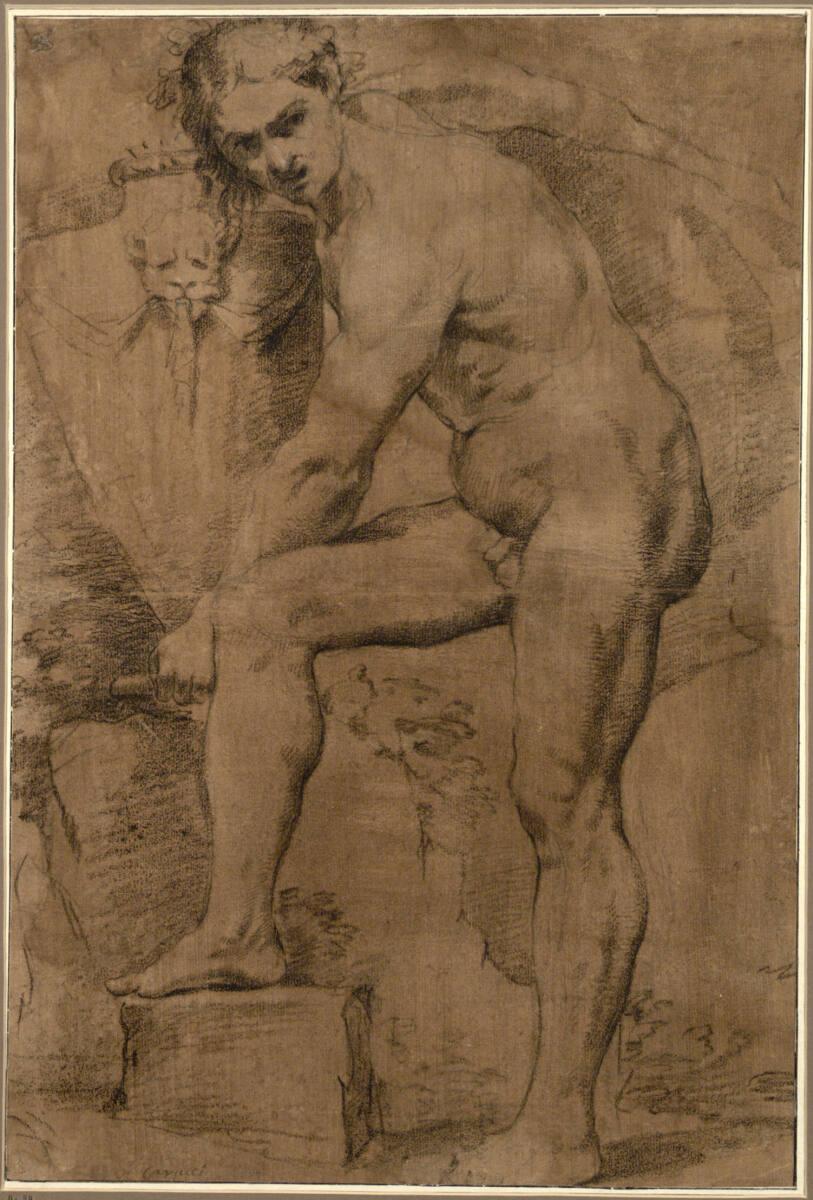 Pietro Testa, Aktstudie eines Jünglings nach links, der mit beiden Händen eine große Vase hebt;…