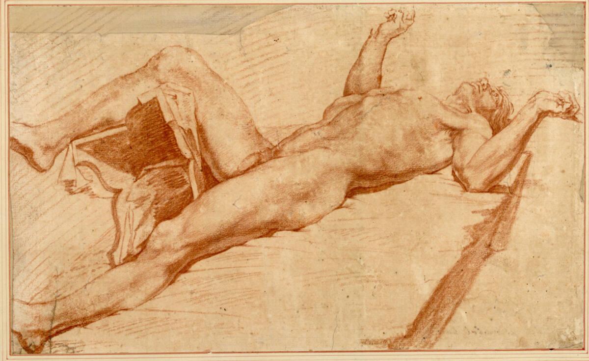 Annibale Carracci, Liegender männlicher Akt, beide Ellbogen aufgestellt, das rechte Bein über e…