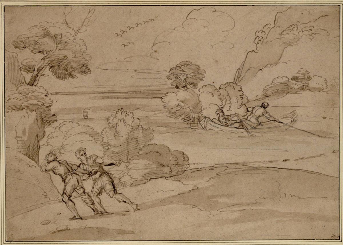 Michel Corneille d.J., Felsige Uferlandschaft mit zwei Fischern, Inv. Nr.: 2185