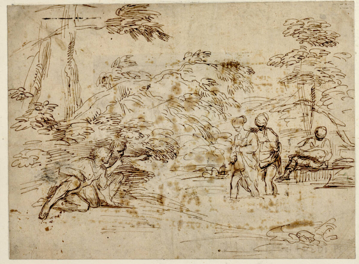 Zwei Mädchen durchwaten einen Bach, ein drittes sitzt am andern Ufer; zwei junge Leute diesseits in einem Gebüsch beobachten sie, Bolognesisch, 17th century