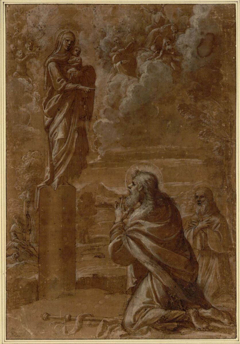 Der heilige Jakobus Major und ein heiliger Eremit knien betend vor einer Statue der Madonna mit Kind auf einer Säule, FrancescoBrizio