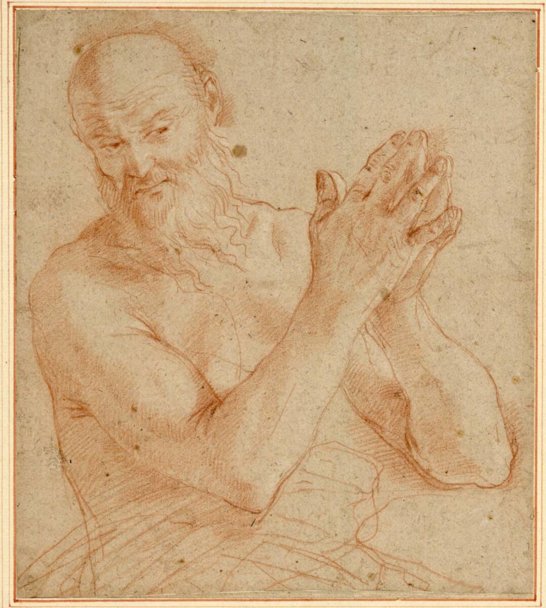 Der heilige Hieronymus in Halbfigur, die Hände nach rechts zum Gebet aneinandergelegt, Simone Cantarini