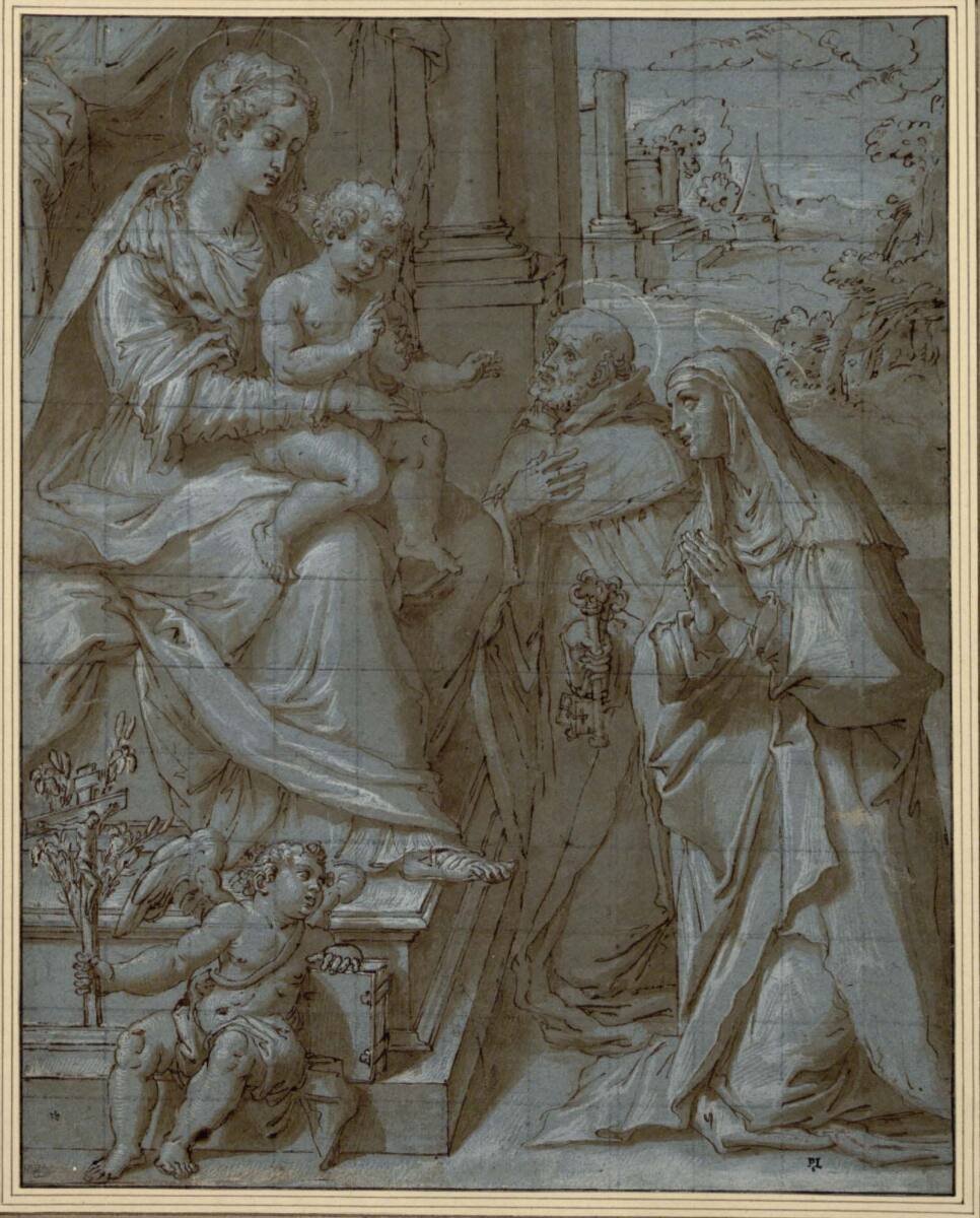 Maria mit dem Kind erhöht nach rechts sitzend, von den Heiligen Petrus und Klara angebetet, Orazio Samacchini