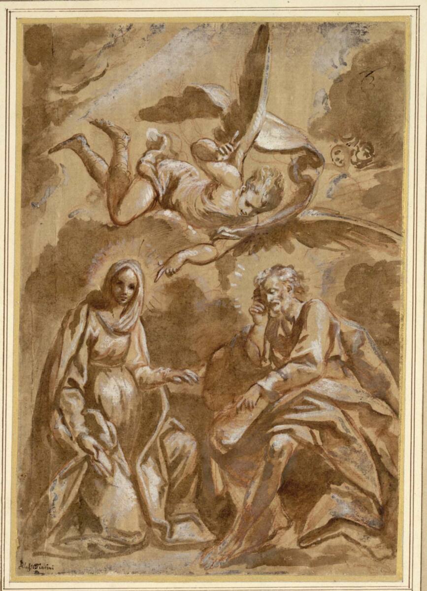 Traum des heiligen Joseph. (Ein Engel erscheint dem im Schlaf sitzenden Heiligen und weist mit der einen Hand auf die heilige Jungfrau, die links vor ihm sitzt, mit der anderen nach oben), Alessandro Tiarini