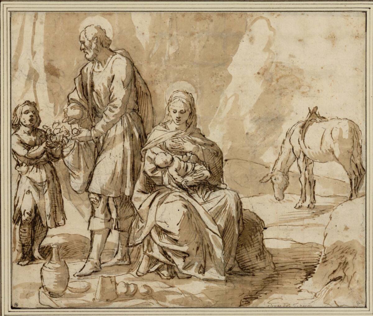 Rastende heilige Familie mit Johannesknaben; rechts grast der Esel, Alessandro Tiarini