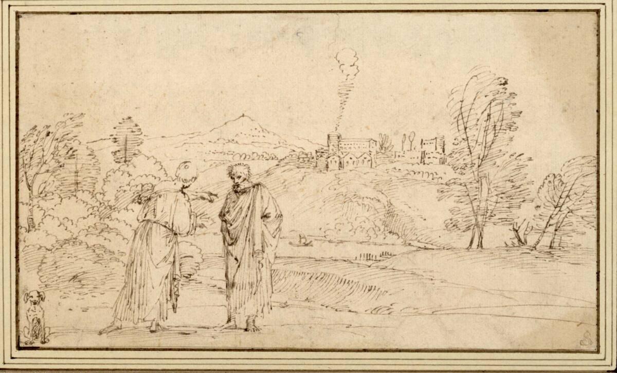 Anonym, Landschaft um eine erhöht liegende Stadt, aus deren Kastell Rauch aufsteigt; im Vorderg…