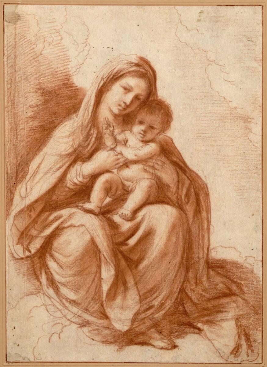 Giovanni Francesco Barbieri gen. il Guercino?, Maria in Vorderansicht auf Wolken sitzend, auf i…