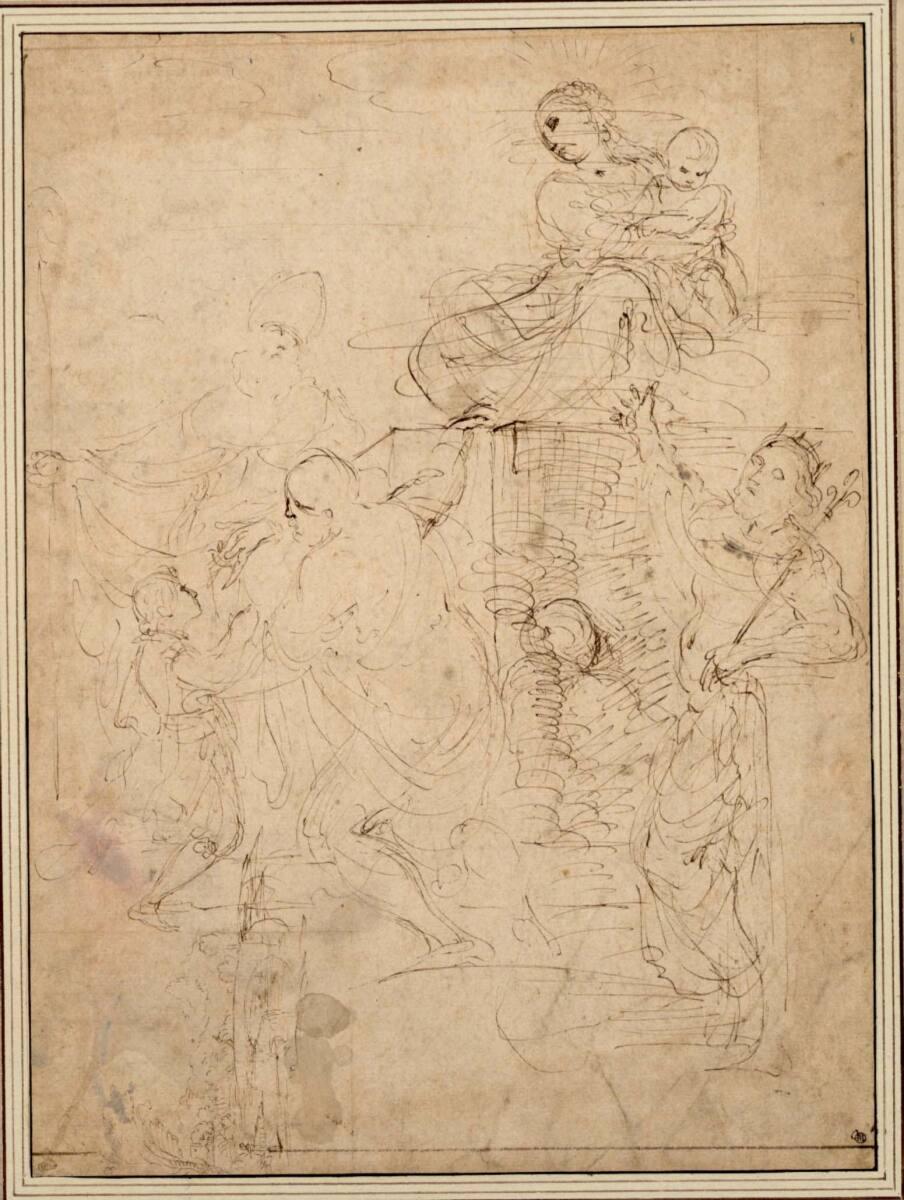 Giovanni Francesco Barbieri gen. il Guercino, Maria mit dem Kind rechts oben sitzend, verehrt v…