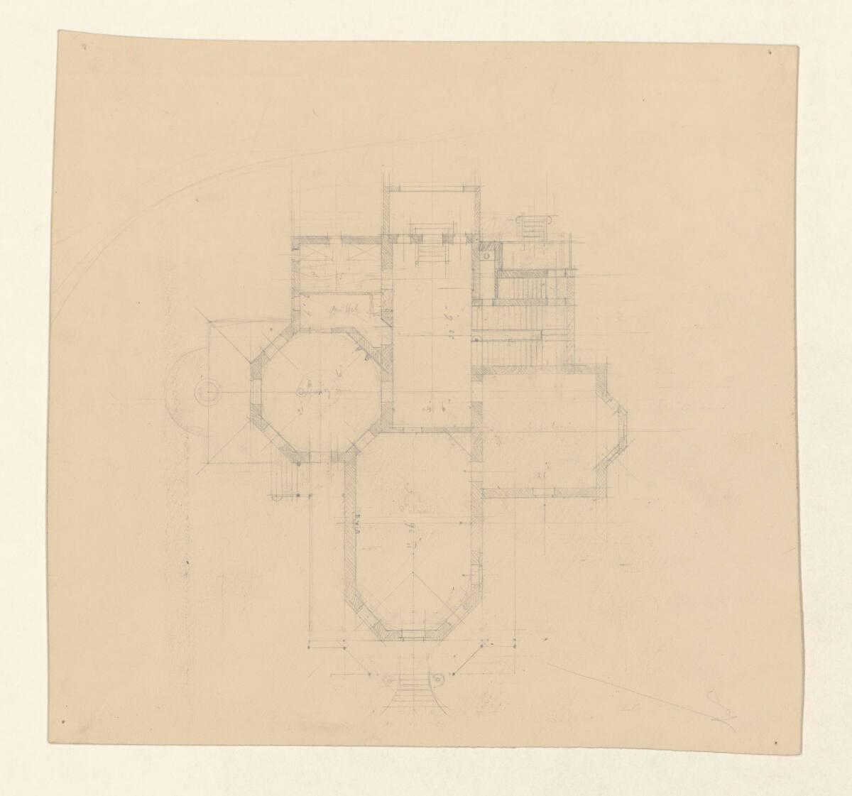 Villenentwurf mit oktogonalen Gesellschaftsräumen (Vorentwurf zur Villa Amrongen), Grundriss Er…