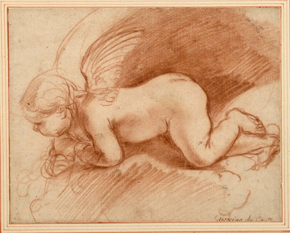 Engelputto, fast auf dem Bauch liegend, Guercino