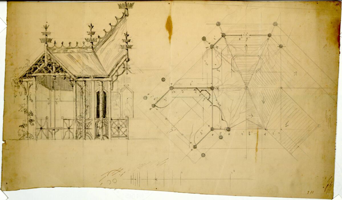 Zweiflügeliger Gartenpavillon in Holzkonstruktion, Grundriss, Aufriss und Dachaufsicht, Inv. Nr…