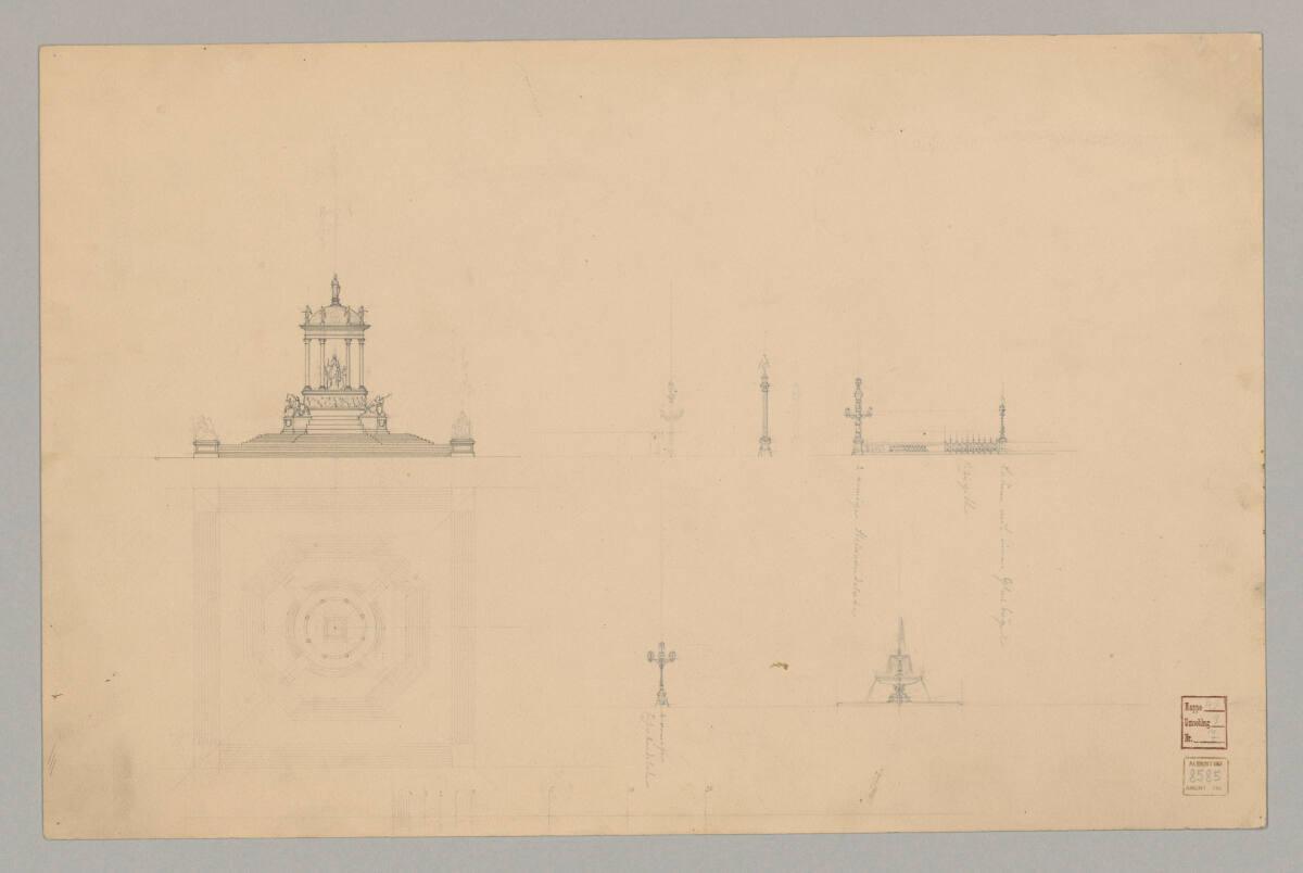 Wien, Maria Theresien-Denkmal, Entwurf, Grundriss und Aufriss, Wien, Hofmuseen, Entwurf zur rüc…