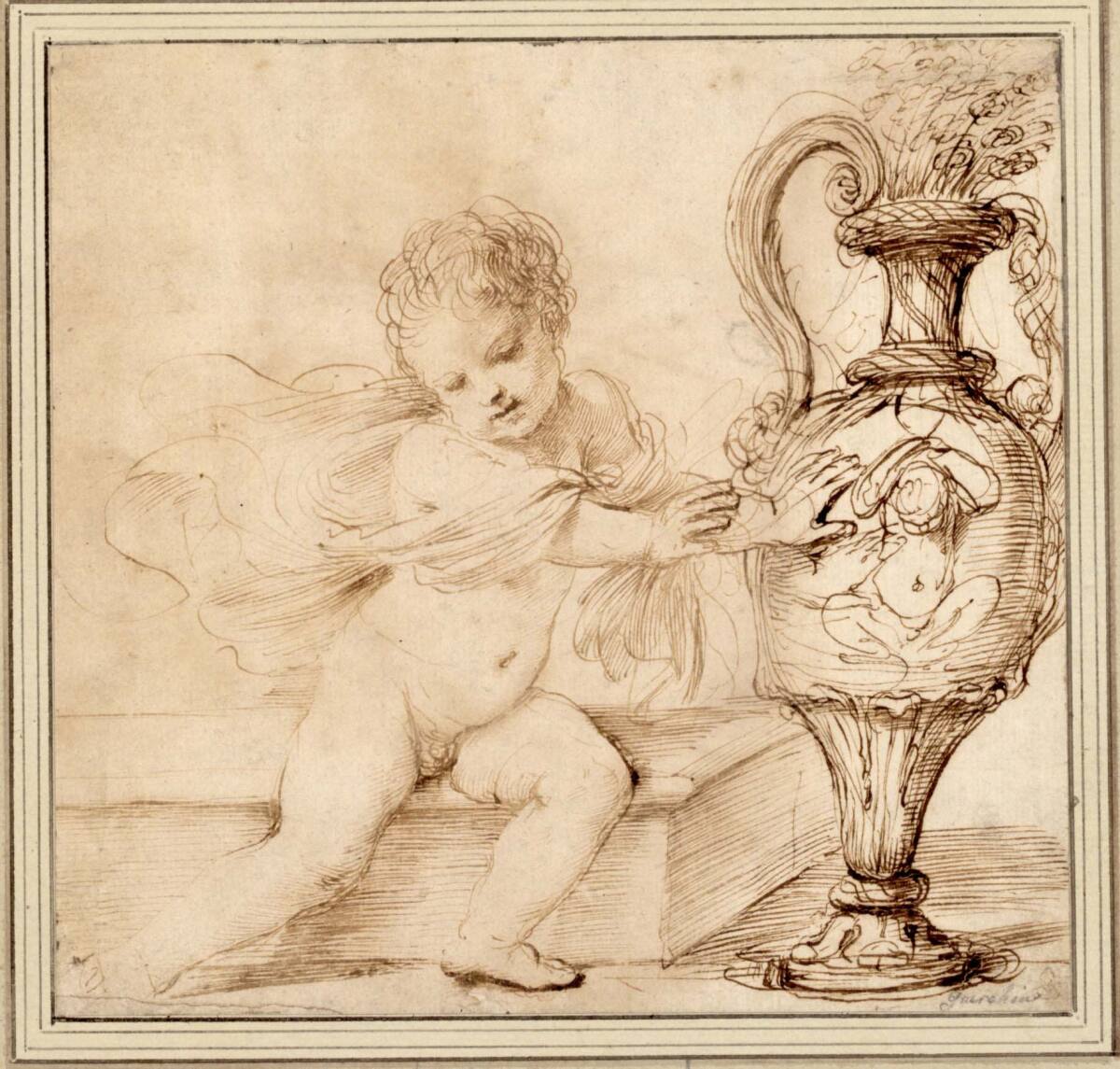 Ein Knäblein, in Vorderansicht neben einer Vase sitzend, 18th century