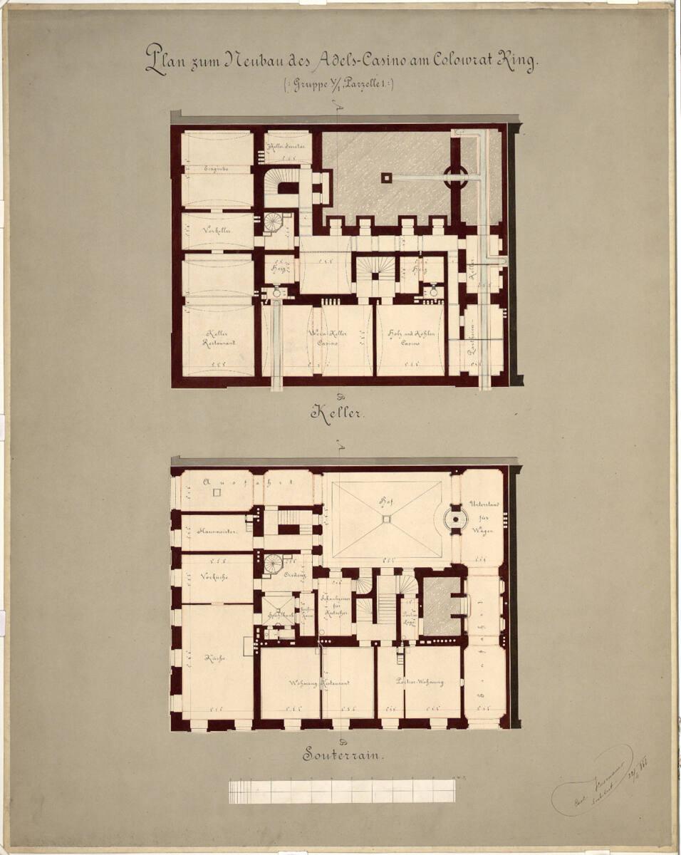 Wien I, Kolowrat-Ring (heute Schubert-Ring), Adelscasino, Keller und Souterrain, Grundrisse, In…