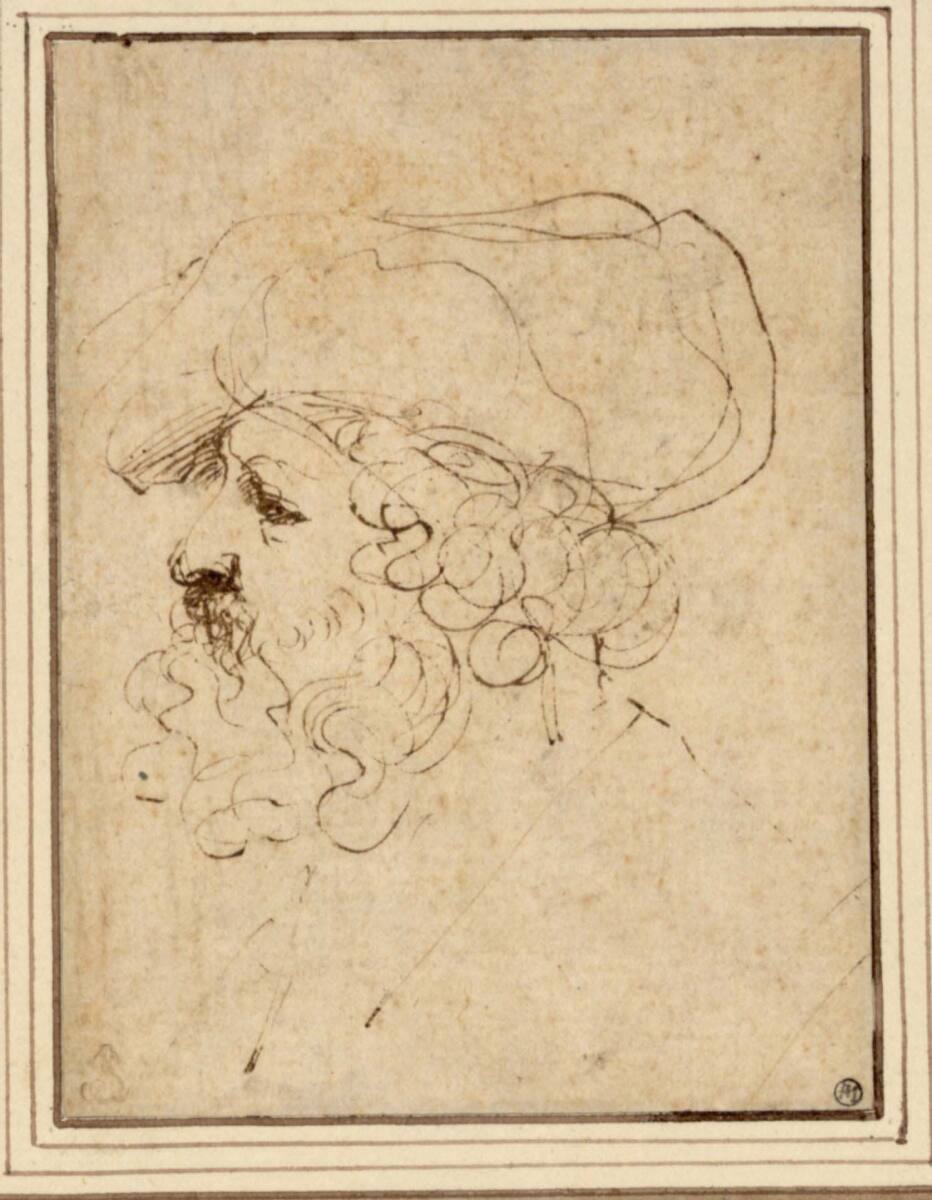 Kopf eines Bärtigen im Profil nach links mit Mütze, Guercino