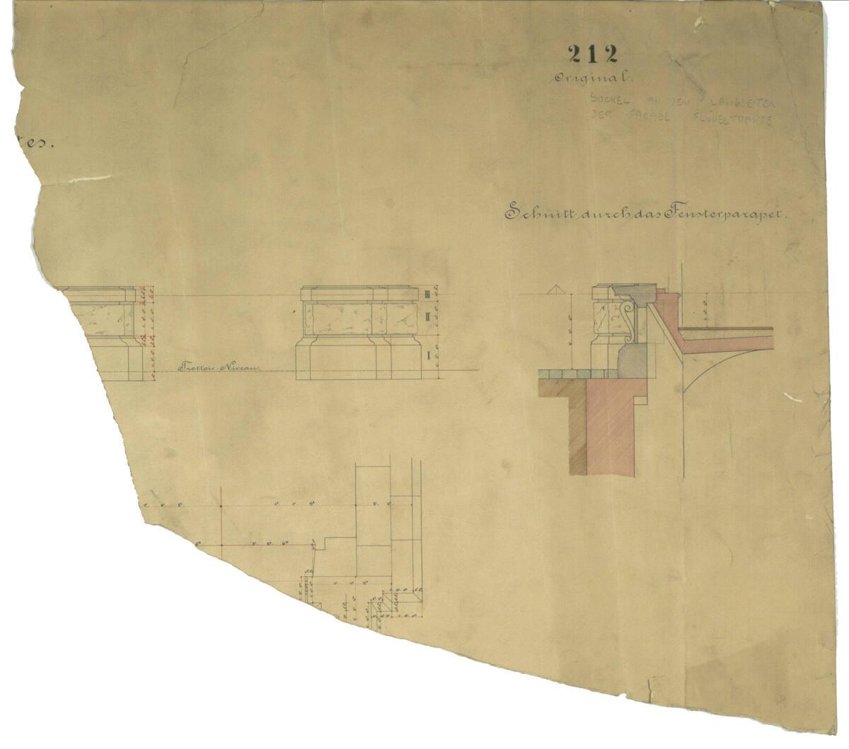 Carl von Hasenauer, Wien I, Burgtheater, Gebäudesockel, Grundriss, Aufriß und Schnitt, Inv. Nr.…