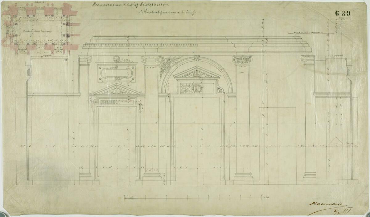 Carl von Hasenauer, Wien I, Burgtheater, Vestibül für den allerhöchsten Hof, Grundriss und Schn…