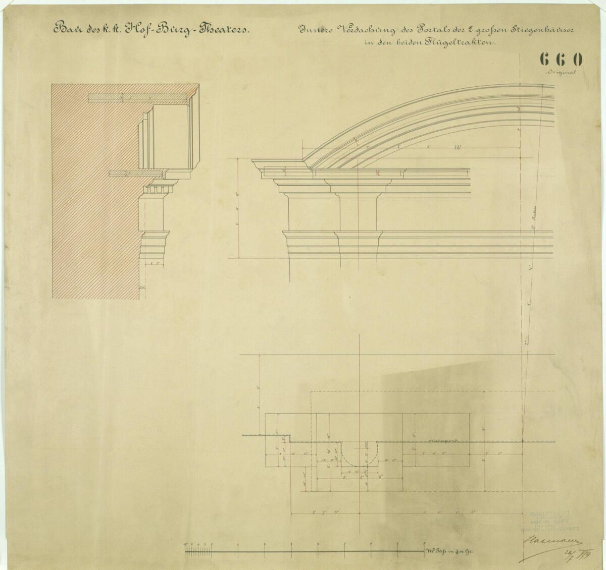 Carl von Hasenauer, Wien I, Burgtheater, Seitenflügel, innere Portalverdachung, Grundriss, Aufr…