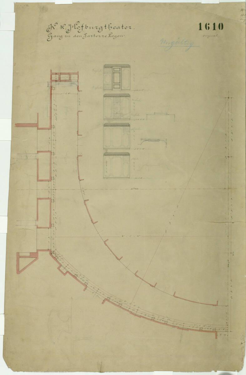Carl von Hasenauer, Wien I, Burgtheater, Gang zu den Parterre-Logen, Grundriss und Aufrisse, In…