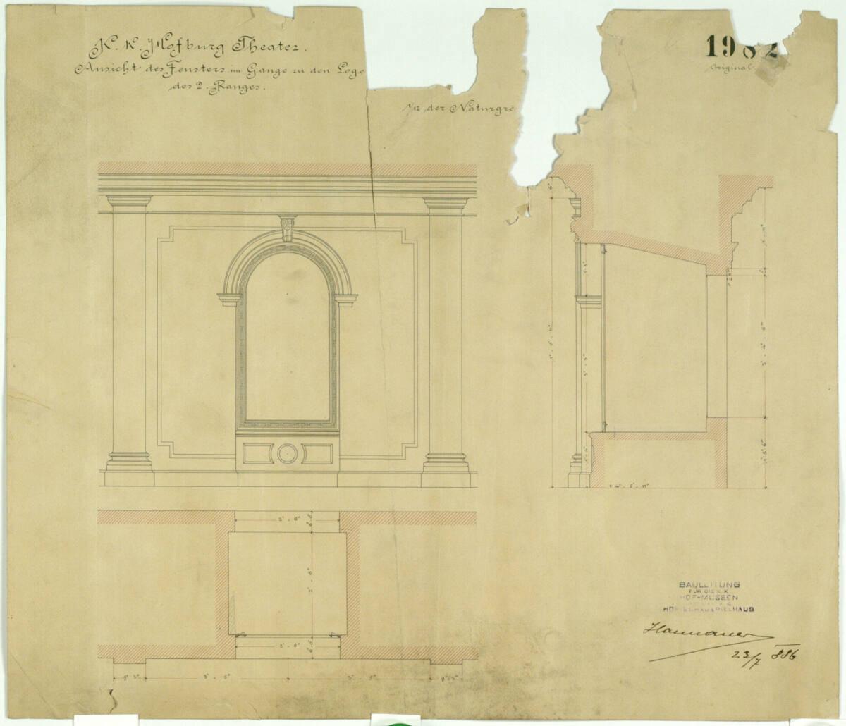 Carl von Hasenauer, Wien I, Burgtheater, Gang zu den 2. Rang-Logen, Fenster, Grundriss, Aufriß …