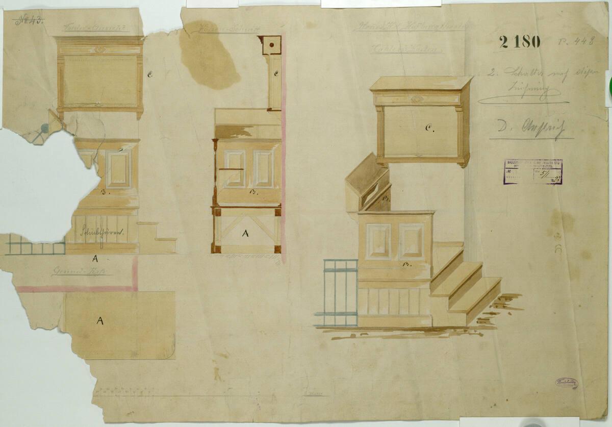 Carl von Hasenauer, Wien I, Burgtheater, Tableau-Kasten, Grundriss, Aufriß, Schnitt und Perspek…