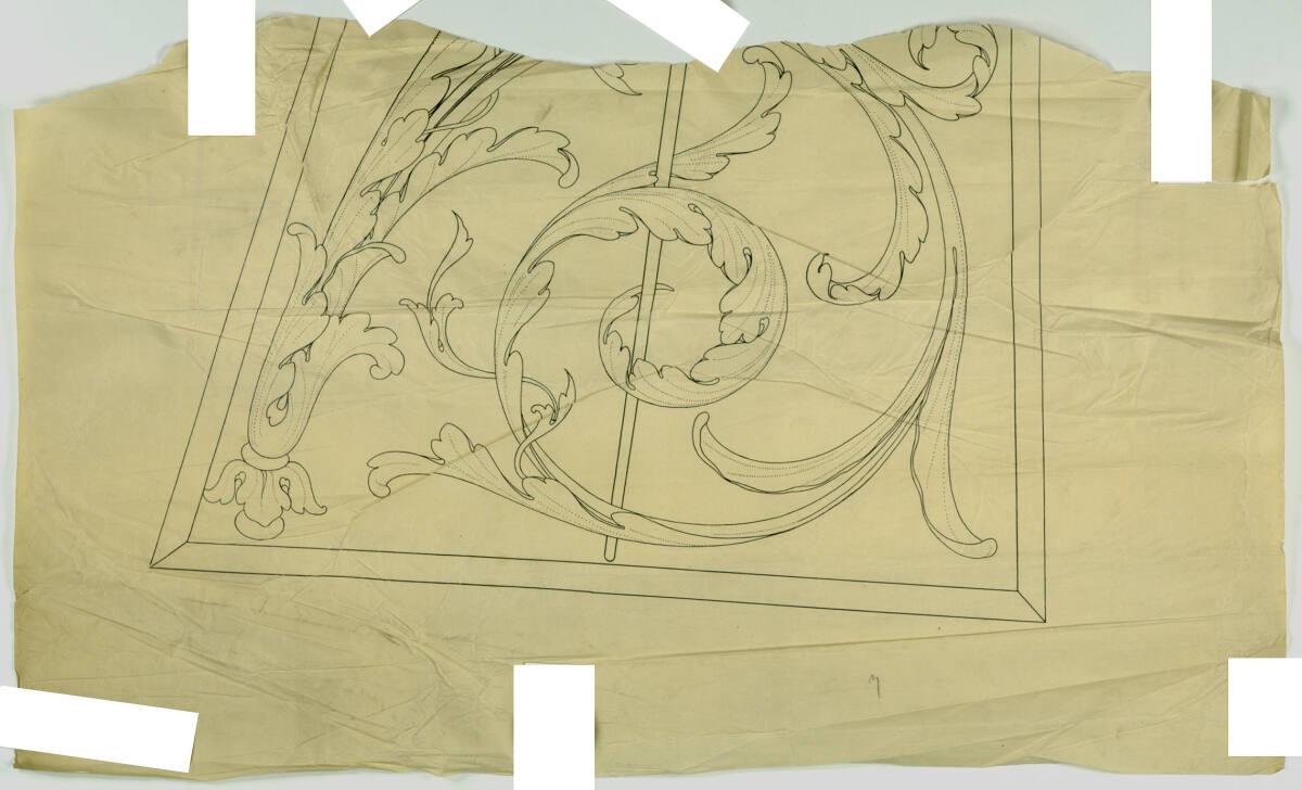 Carl von Hasenauer, Wien I, Burgtheater, ornamentales Deckenfeld mit Thyrsos-Stab, Aufriß und S…