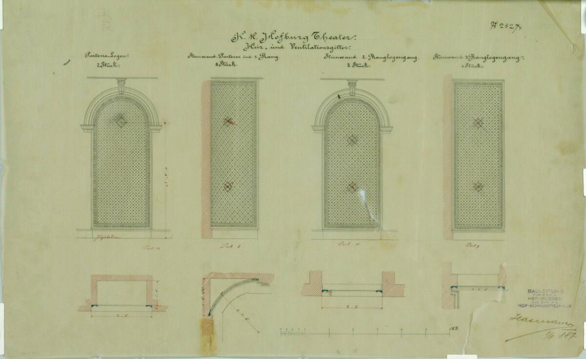 Carl von Hasenauer, Wien I, Burgtheater, Heiz- und Ventilationsgitter, Grundrisse und Aufrisse,…