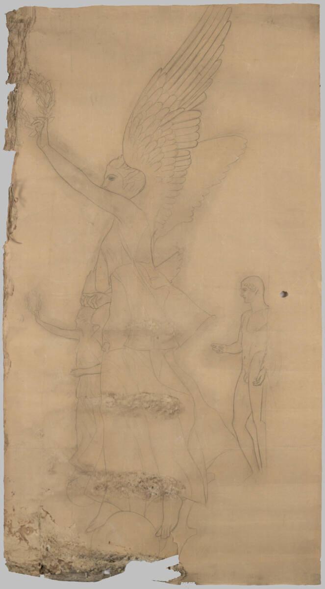 Arbeitszeichnung für den Karton: Detail zu "Theater in Taormina" für das Burgtheater: Victorien und männliche Statue, Gustav Klimt, 1886–1887