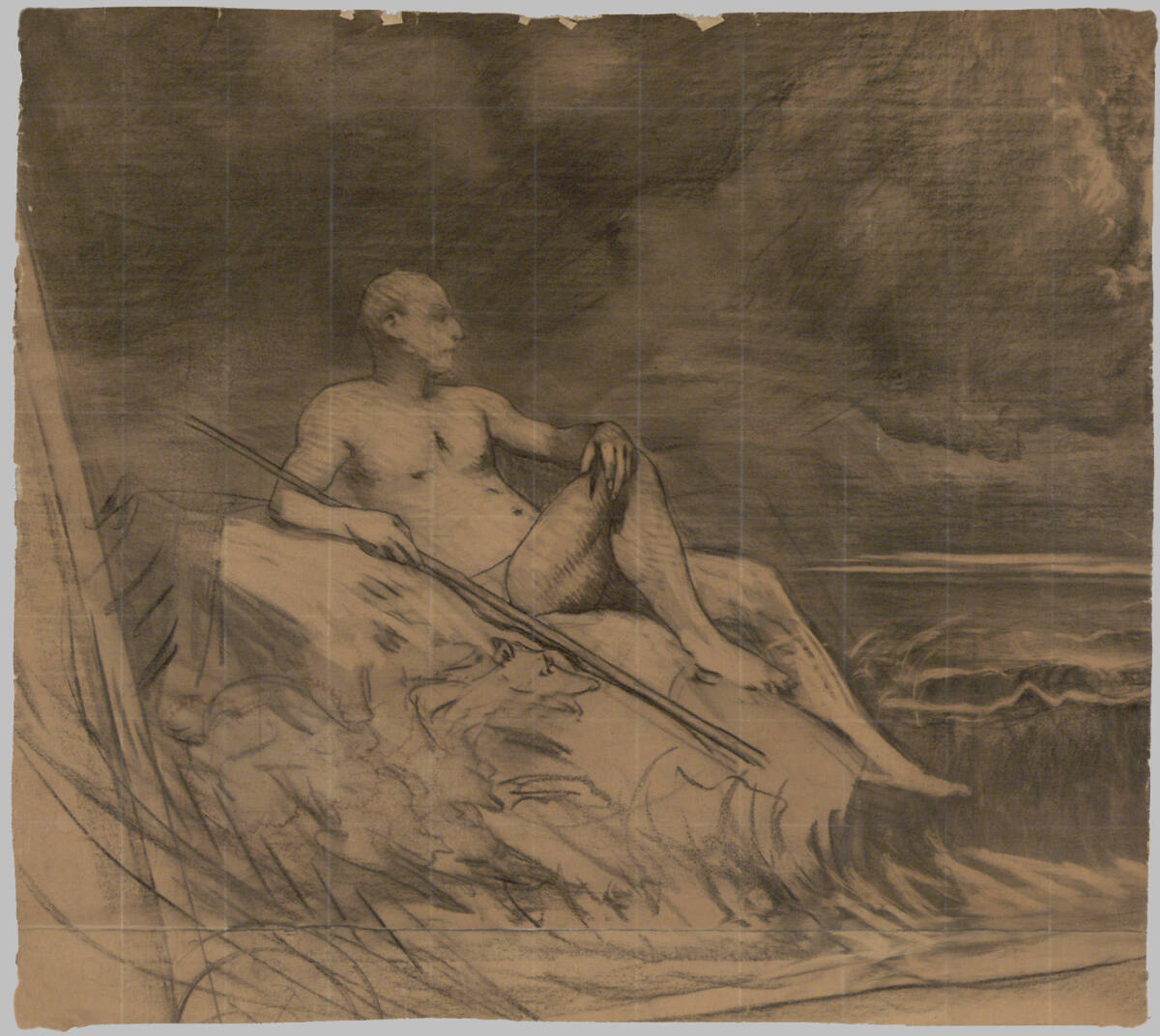 Entwurfszeichnung: Detail zu "Iphigenie in Aulis" für das Burgtheater: Liegender Poseidon, Eduard Charlemont, 1886–1887