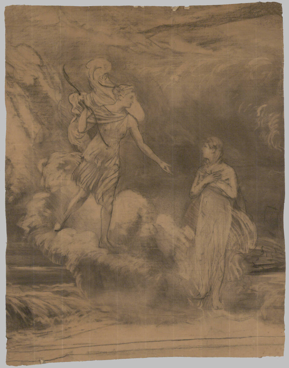 Entwurfszeichnung: Detail zu "Iphigenie in Aulis" für das Burgtheater: Iphigenie wird von der Göttin entrückt, Eduard Charlemont, 1886–1887