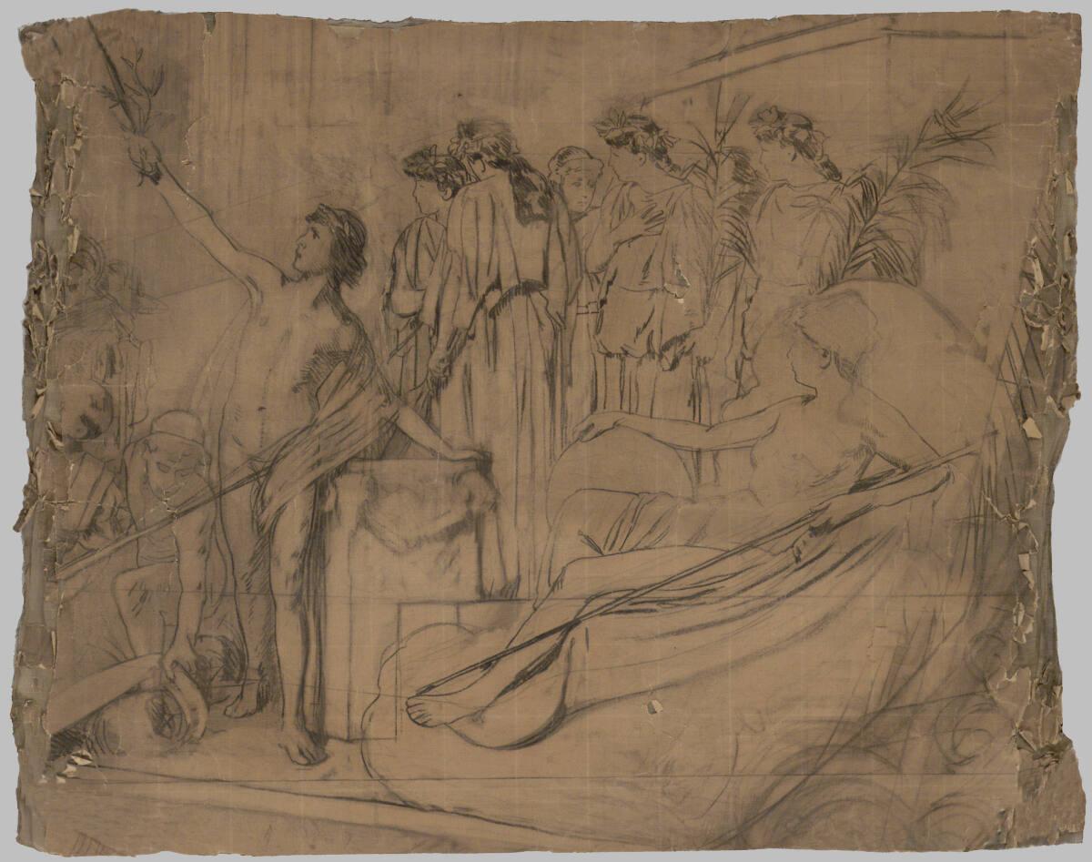 Eduard Charlemont, Entwurfszeichnung: Detail zu "Iphigenie in Aulis" für das Burgtheater: Liege…